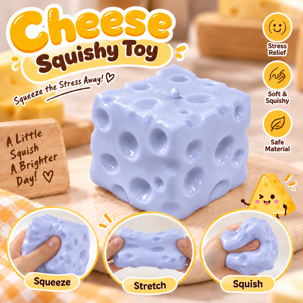 Crunchy Savory Yellow Cheese Cube Stress Ball Fidget Toy