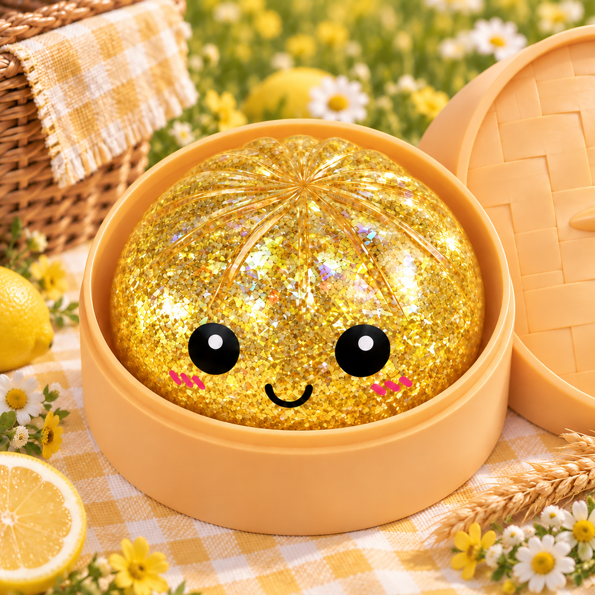 Transparent Ball-Skin Gold-Glitter Steamed Bun with Bamboo Steamer Squishy — product image