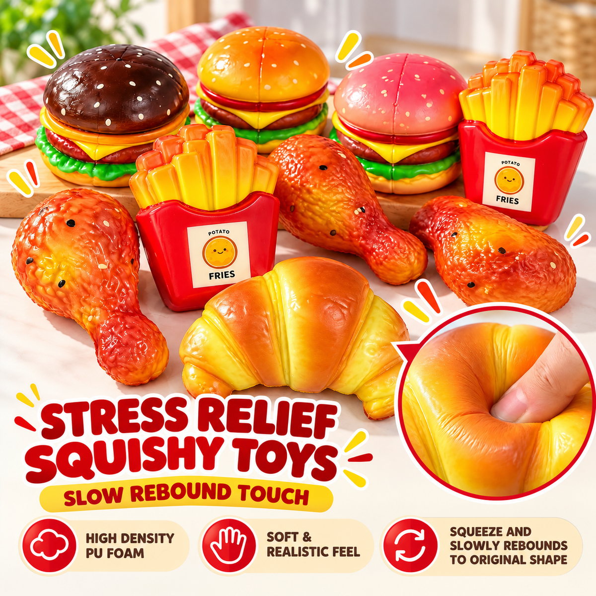 Realistic Hamburger, Chicken Leg, and French Fries Squeeze Toy Set
