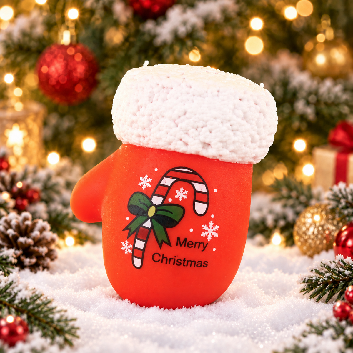 Candy Cane-Patterned Christmas Mitten Stress-Relief Squishy — product image