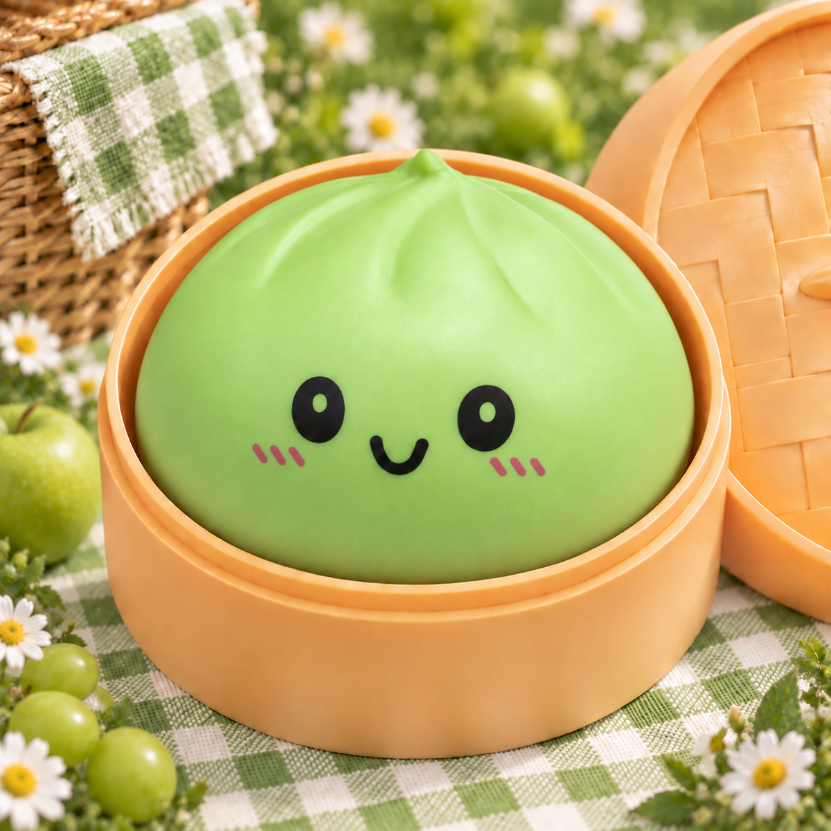 Green Emoji Steamed Bun with Bamboo Steamer Squishy — product image