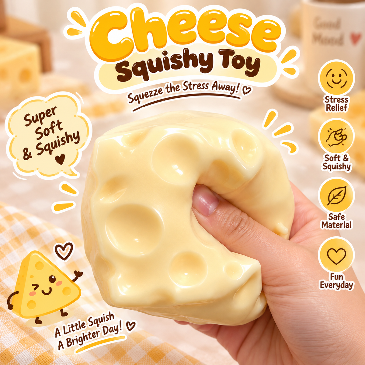 Crunchy Savory Yellow Cheese Cube Stress Ball Fidget Toy