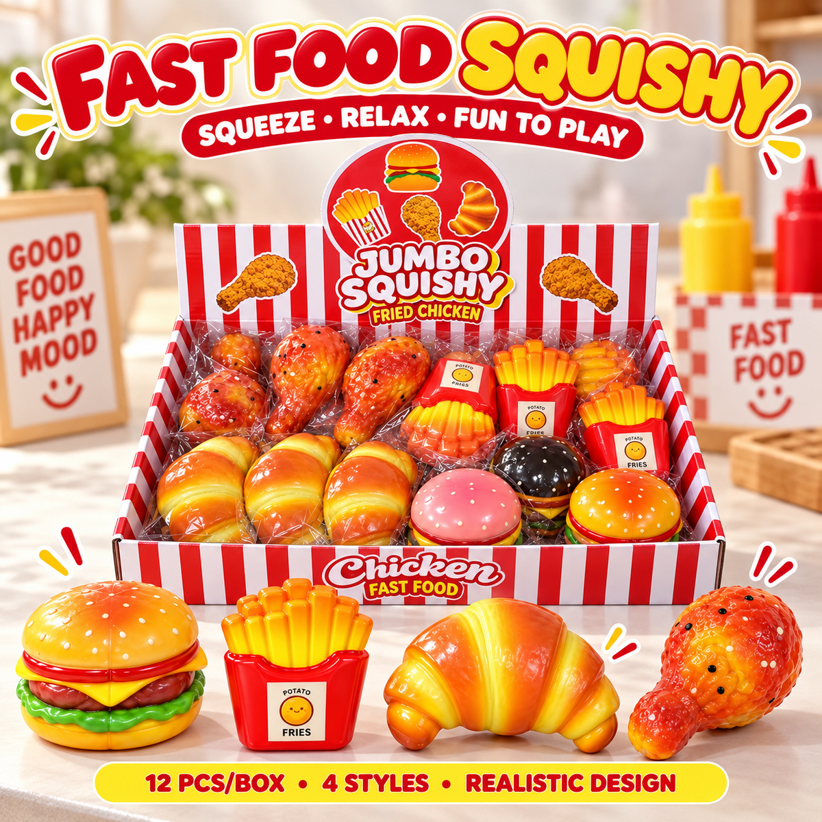 Realistic Hamburger, Chicken Leg, and French Fries Squeeze Toy Set